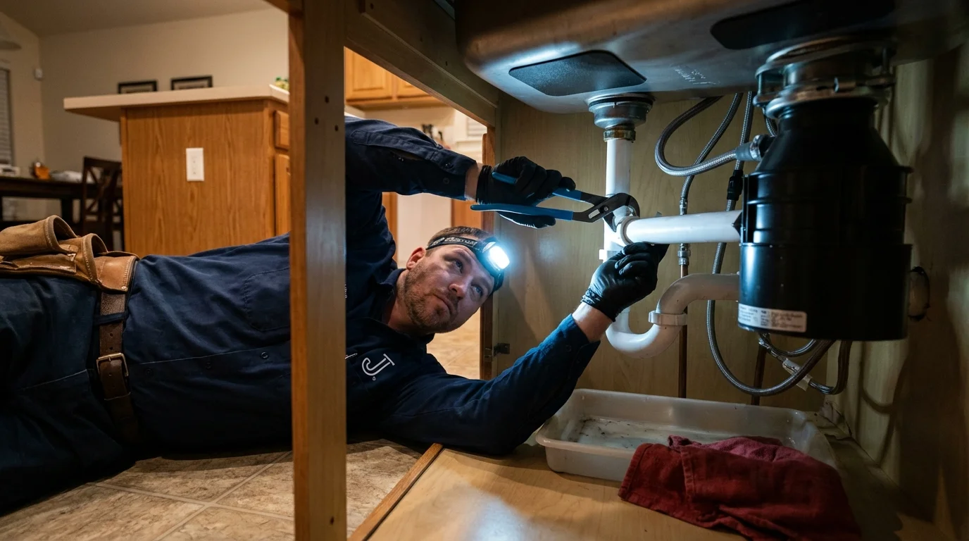 P-trap and supply line connections under a kitchen sink showing a common leak point in Capitola, CA